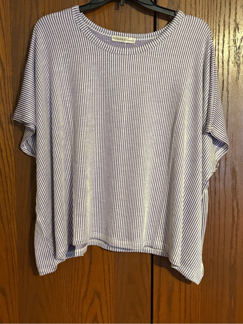 Zenana Outfitters Lavender and White Striped Relaxed Boxy Short Sleeve Top
